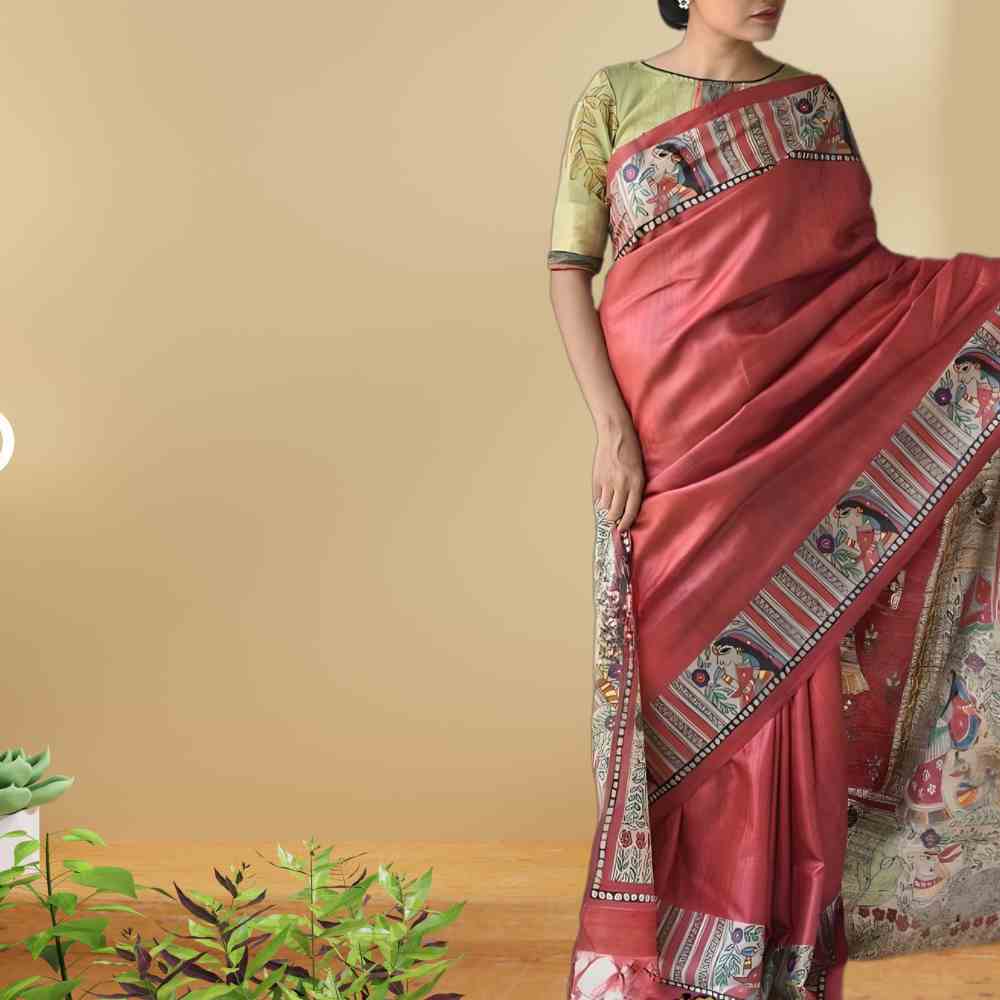 Red Madhubani Painting Tussar Silk Saree